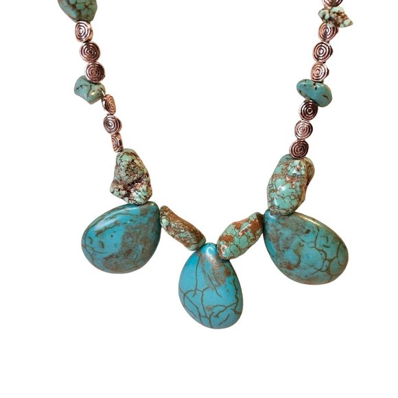 Handcrafted Beaded Necklace Turquoise and Brown Stones and Silver Beads NEW - Picture 3 of 7